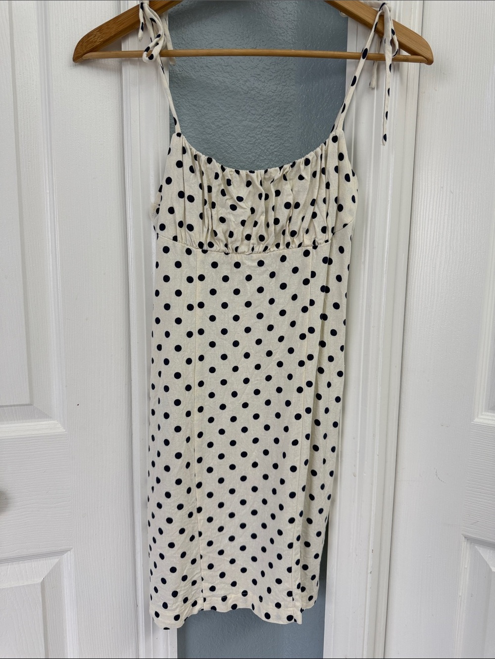 Cream & Navy Polka Dot Tie-Shoulder Mini Dress size XS linen/rayon
